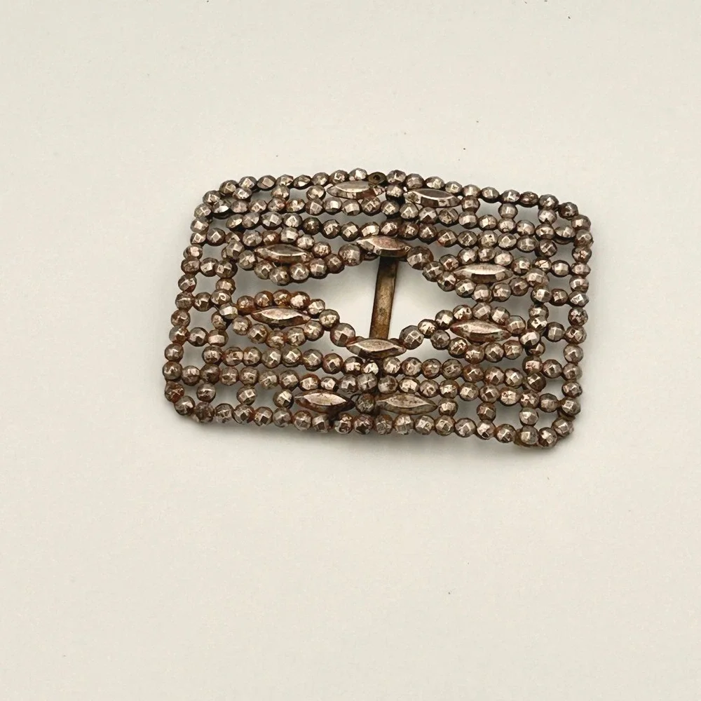 Antique M.G. France Cut Steel Belt Buckle Victorian Edwardian Openwork Silver